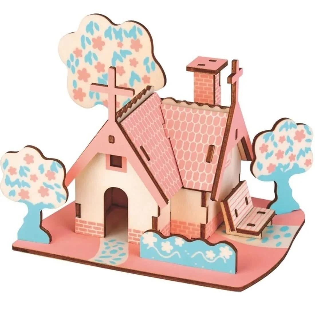 Set puzzle 3D din lemn model casuta americana cu peisaj pentru constructie creativa