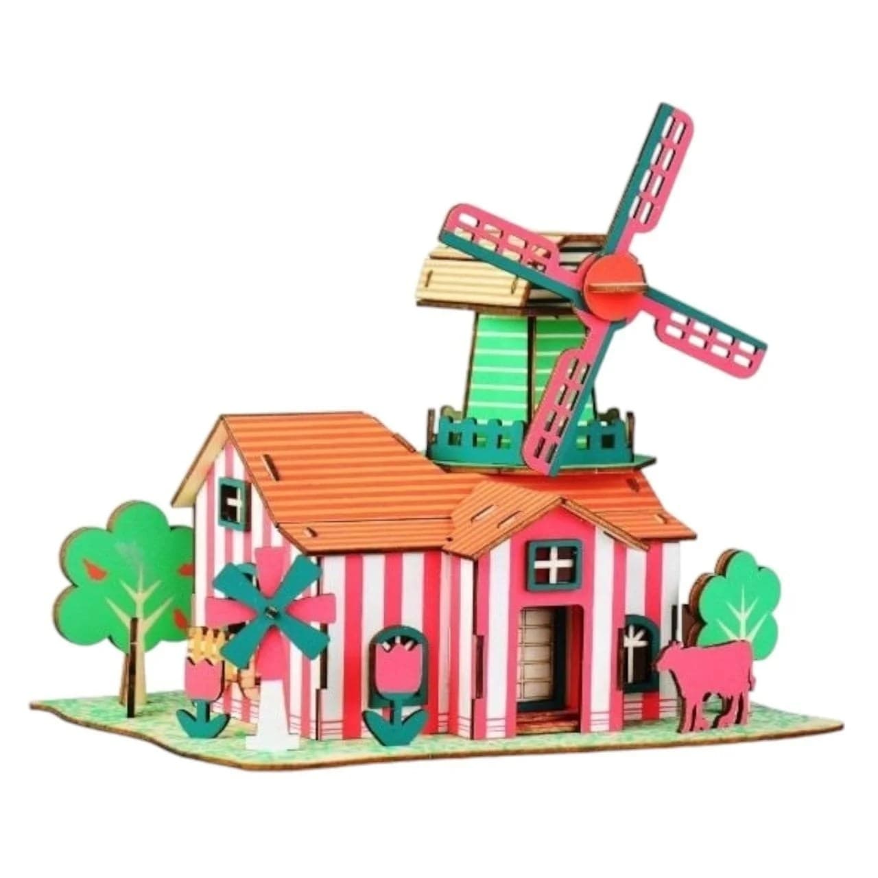 Puzzle 3D din lemn cu moara de vant ferma si animale jucarie educativa colorata