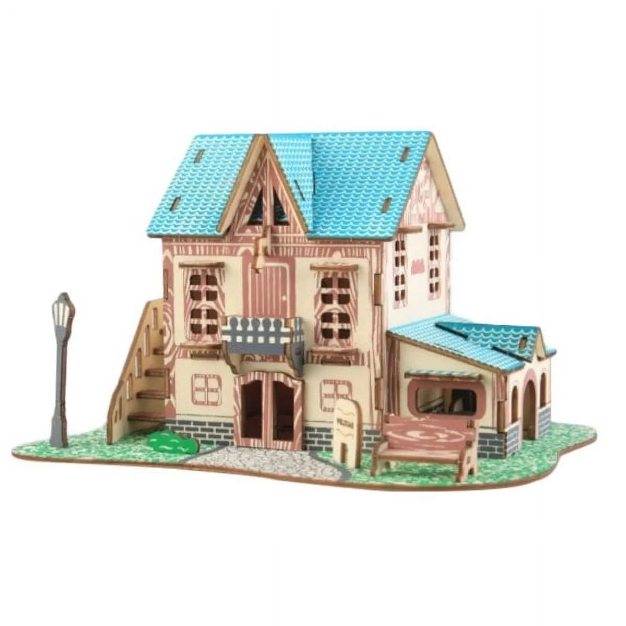 Puzzle 3d casa de vis din lemn model european cu accesorii gradina pentru copii