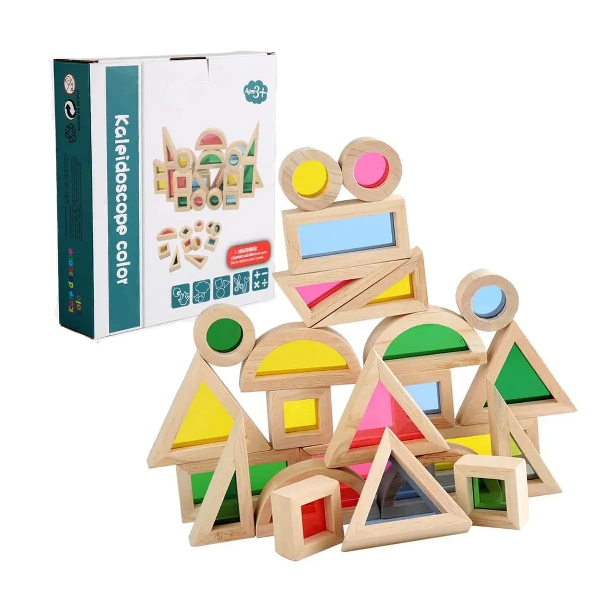 Set educativ de cuburi de constructie din lemn cu insertii colorate, stimuleaza creativitatea copiilor