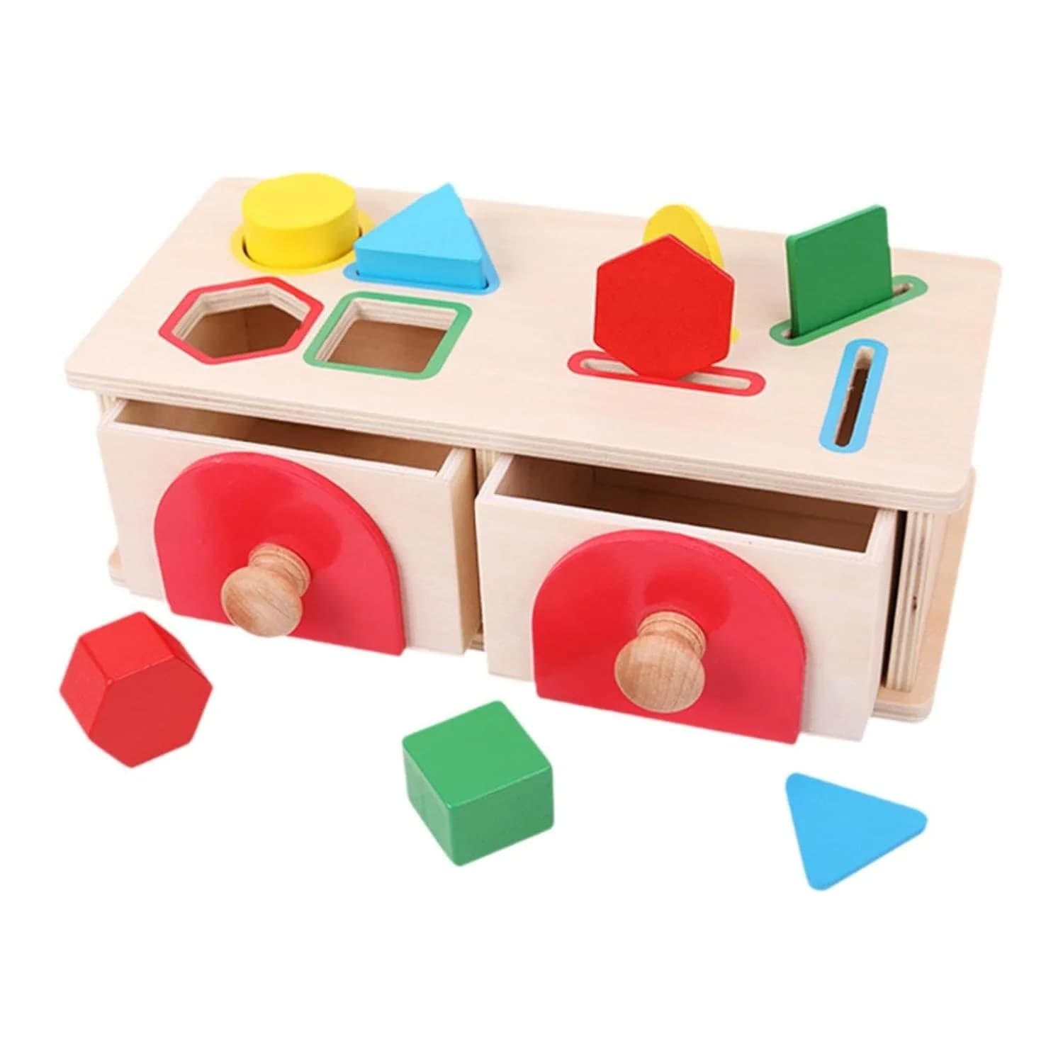 Joc educational montessori din lemn cu sortator de forme si sertare pentru copii mici