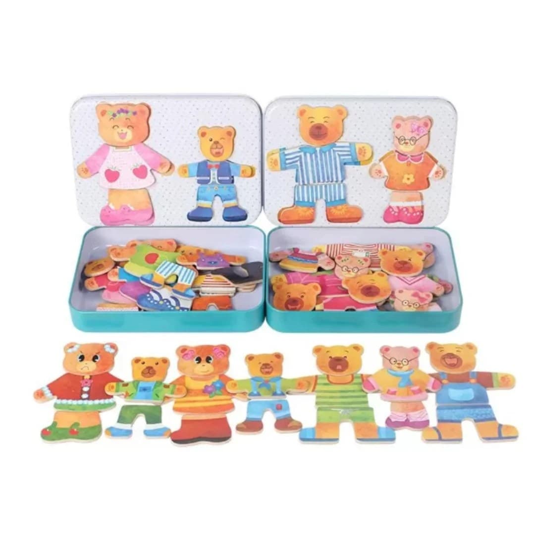 Set educativ magnetic din lemn, puzzle cu ursuleti de imbracat, ideal pentru stimularea creativitatii copiilor