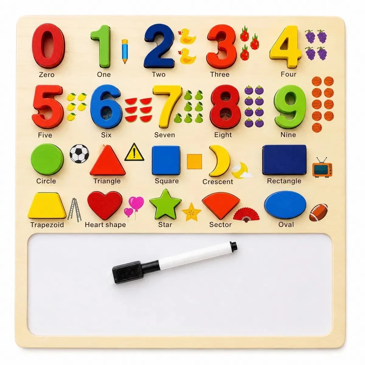 Placa educativa din lemn cu puzzle numere si forme geometrice, tabla de scris inclusa