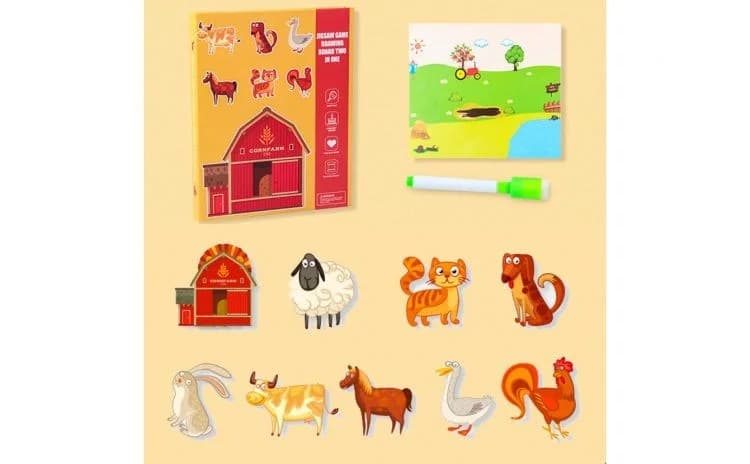 Set educativ magnetic 2 in 1 cu animale de la ferma si tabla de desen pentru copii