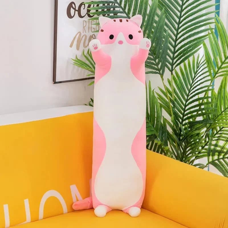 Perna lunga de plus in forma de pisica roz, moale si confortabila pentru somn si decor, 70 cm