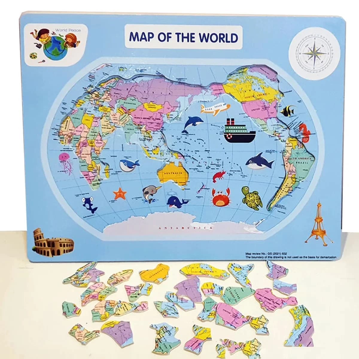 Puzzle educativ din lemn harta lumii cu piese mari si ilustratii vesele pentru copii