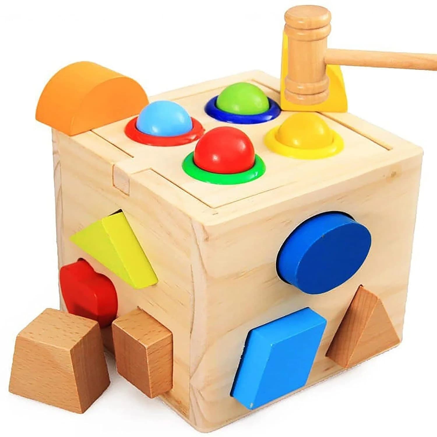 Set educativ 2 in 1 din lemn natural cu sortator de forme si joc de batut pentru dezvoltarea abilitatilor motorii