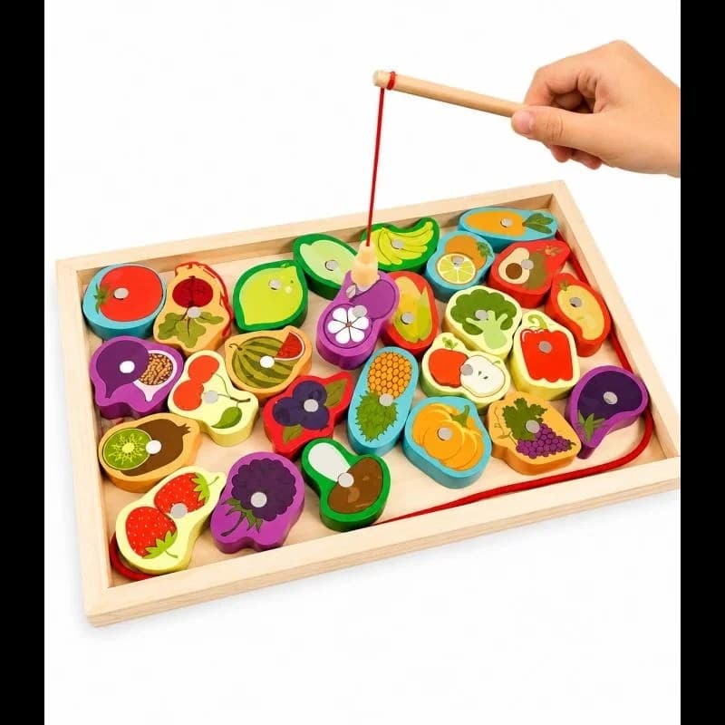 Joc educativ de pescuit magnetic cu fructe si legume din lemn, multicolor, pentru copii