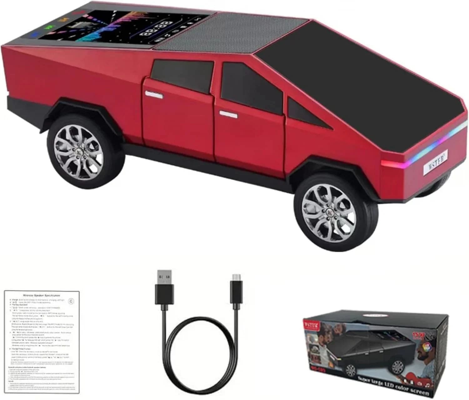 Boxa portabila wireless wster cu display led si design cyber truck rosu, sunet imersiv