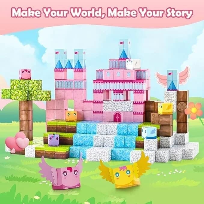 Set de constructie magnetic creativ pentru copii, cu cuburi multicolore si personaje dragute, 100 cuburi