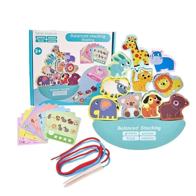 Joc educativ montessori de stivuire si snuruit animale din lemn pentru copii 3+ ani