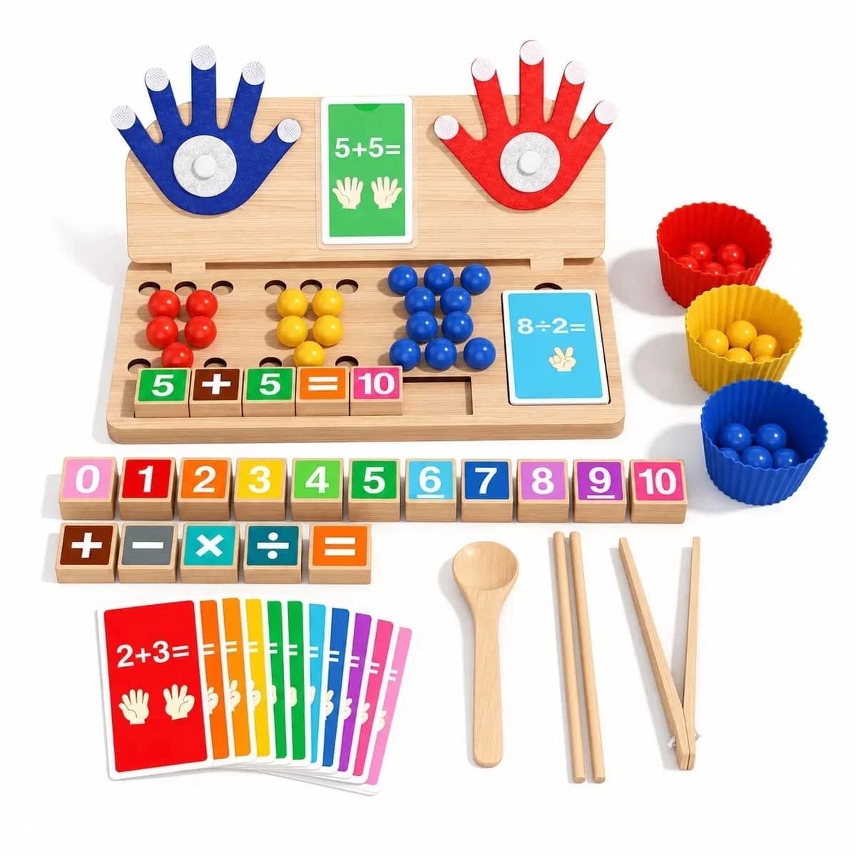 Set educativ de numarat si matematica cu degete, bile si blocuri din lemn pentru copii
