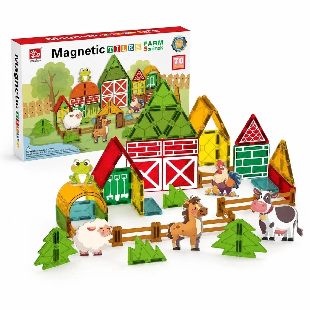 Set de constructie magnetic cu 70 de piese, tema ferma si animale pentru copii creativi