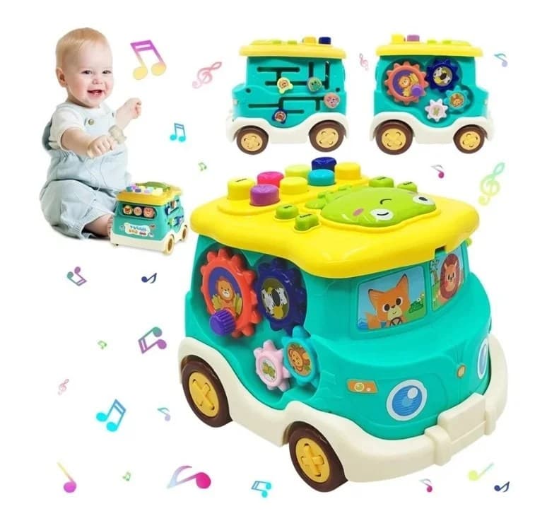 Autobuz interactiv multifunctional cu activitati, sunete si lumini pentru dezvoltarea bebelusilor si copiilor mici