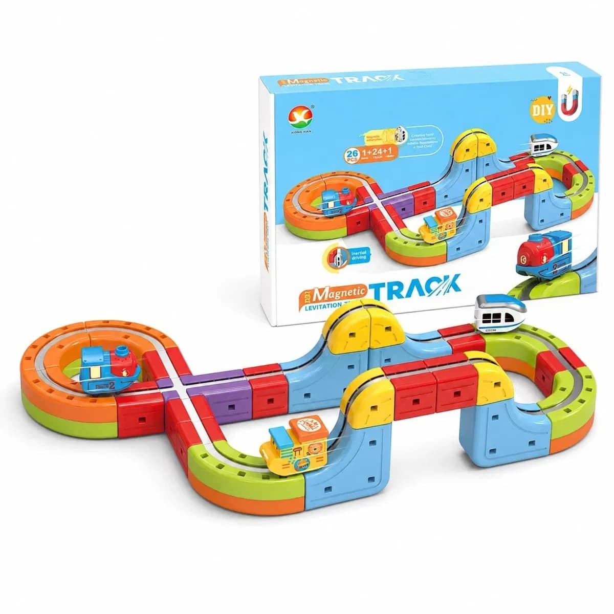 Set educativ de constructie circuit trenulet electric cu levitatie magnetica 26 piese