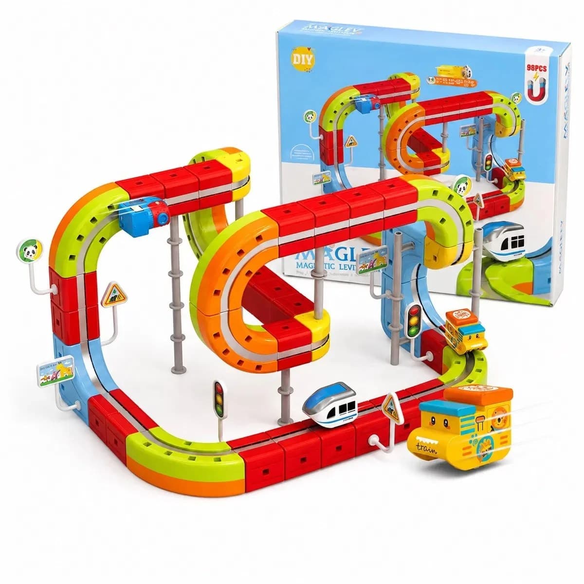 Set educativ circuit trenulet magnetic maglev diy cu 98 piese si lumini