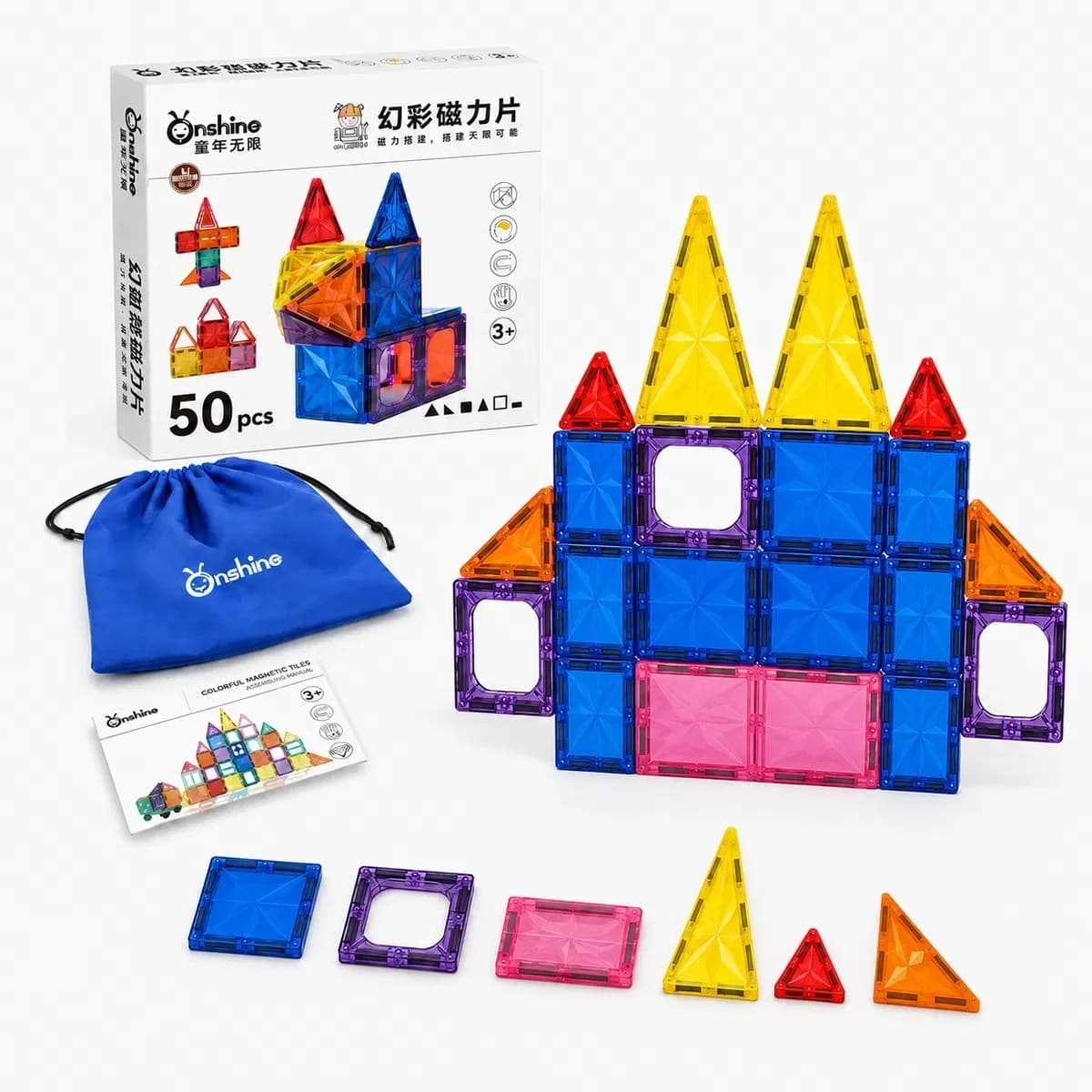 Set de constructie magnetic Onshine cu 50 de piese colorate translucide pentru copii creativi