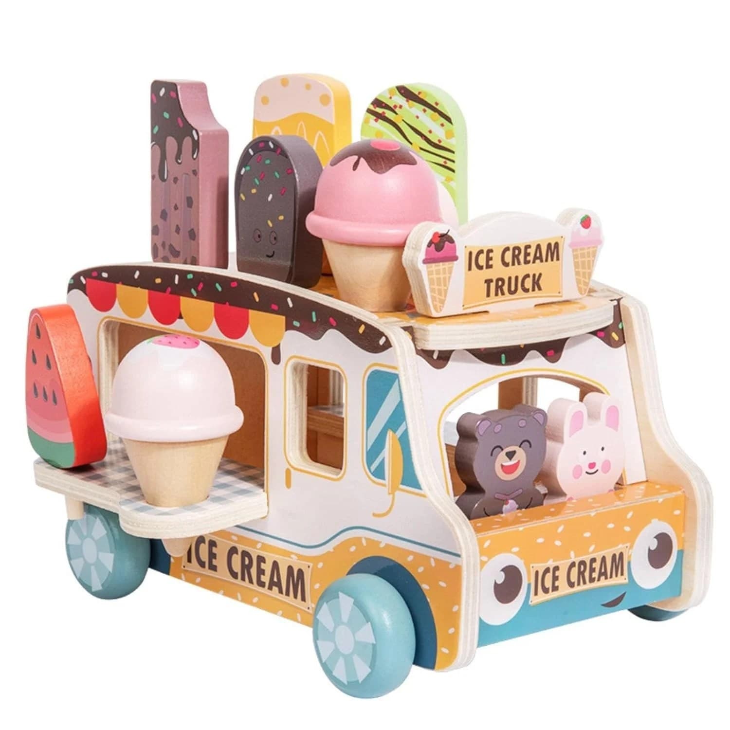 Set de joaca creativ camion de inghetata din lemn cu accesorii si figurine dragute