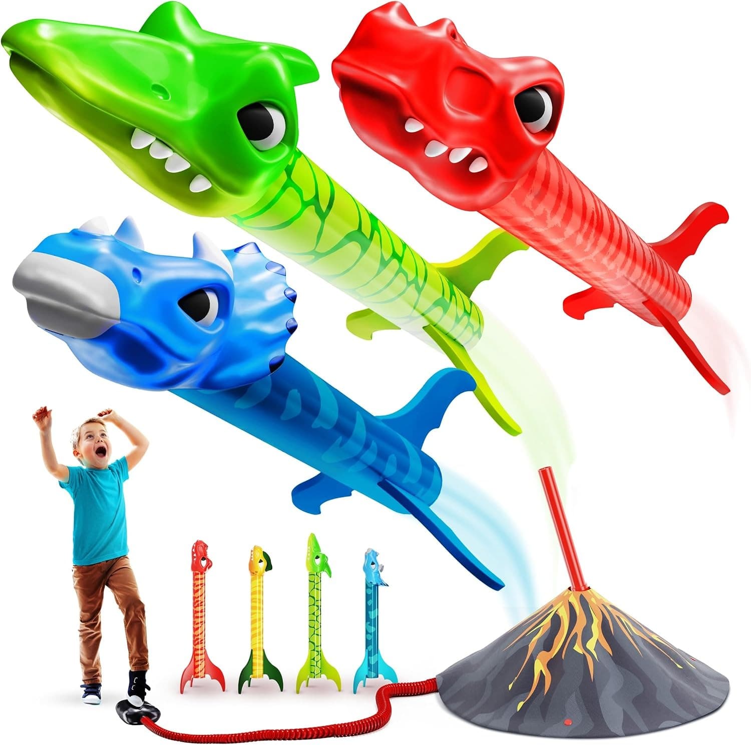 Set lansator de rachete dinozauri cu pompa de aer pentru copii si baza vulcan