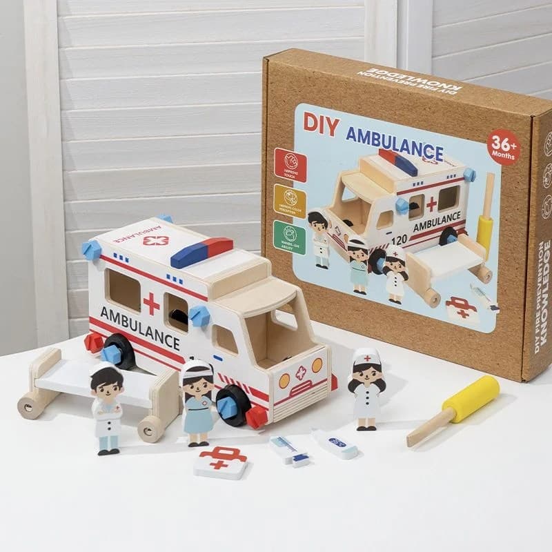 Set educativ ambulanta din lemn cu figurine si accesorii medicale pentru copii