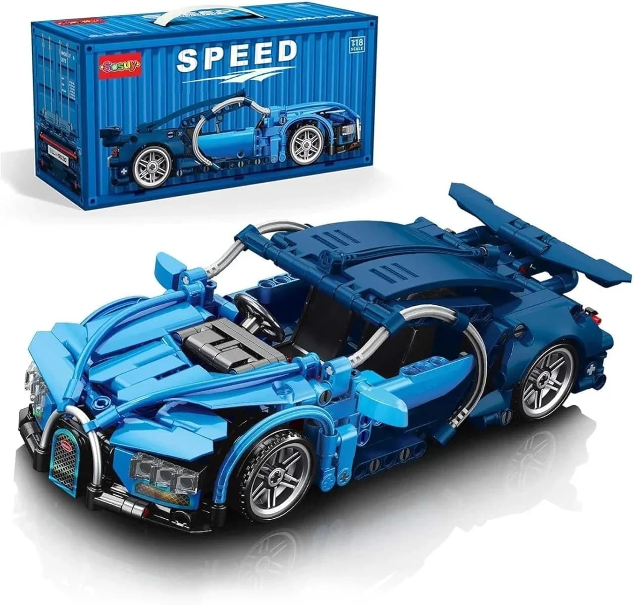 Set de constructie masina sport albastra, scara 1:18, cu sistem pull back si 586 piese