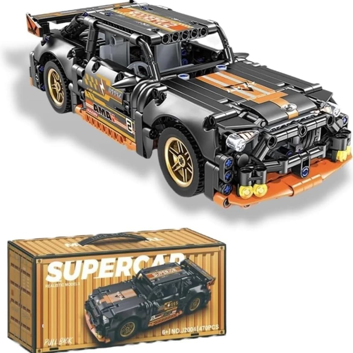 Set constructie masina de curse Supercar cu functii pull-back, 470 piese si detalii realiste