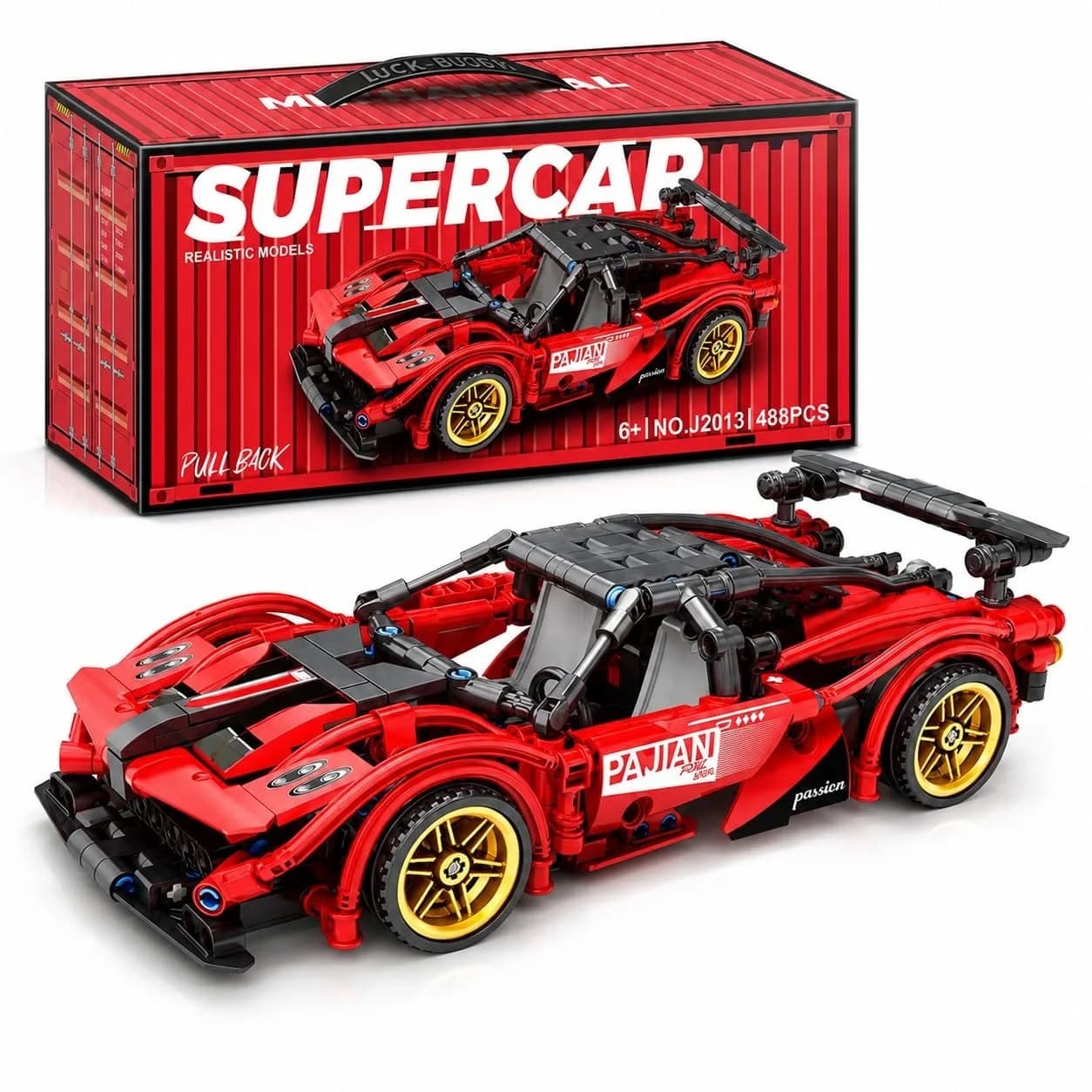 Set de constructie masinuta super sport pajian cu sistem pull back, 488 piese, rosu