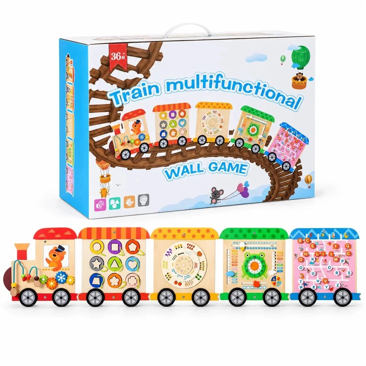 Trenulet multifunctional montessori din lemn pentru perete, cu activitati educative